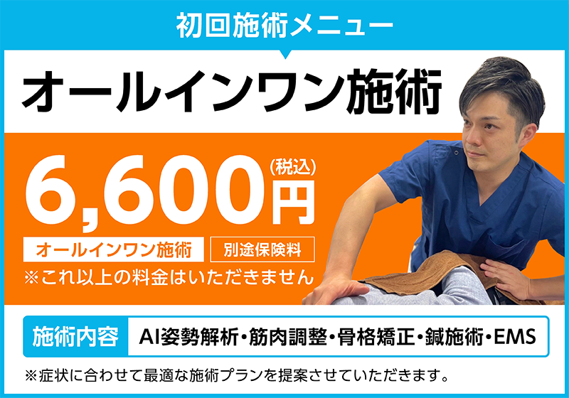 初回施術メニュー　オールインワン施術　6,600円(税込)　別途保険料　※これ以上の料金はいただきません　施術内容　AI姿勢解析・筋肉調整・骨格矯正・鍼施術 EMS